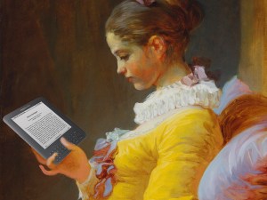 Nineteenth-Century Girl Using an Ereader 
