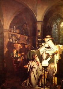 Alchemist kneeling beside his alembic
