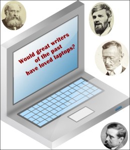 Laptop computer surrounded by faces of classic authors