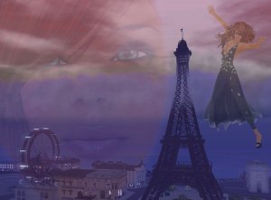 Surreal image of a ghostly face, and a woman flying near the Eiffel Tower