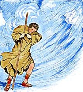 Traveller with a staff leaning into a stiff headwind.