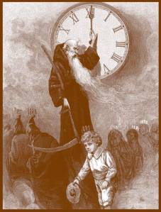 Etching of Father Time and Marchers