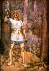Beowulf with Raised Sword