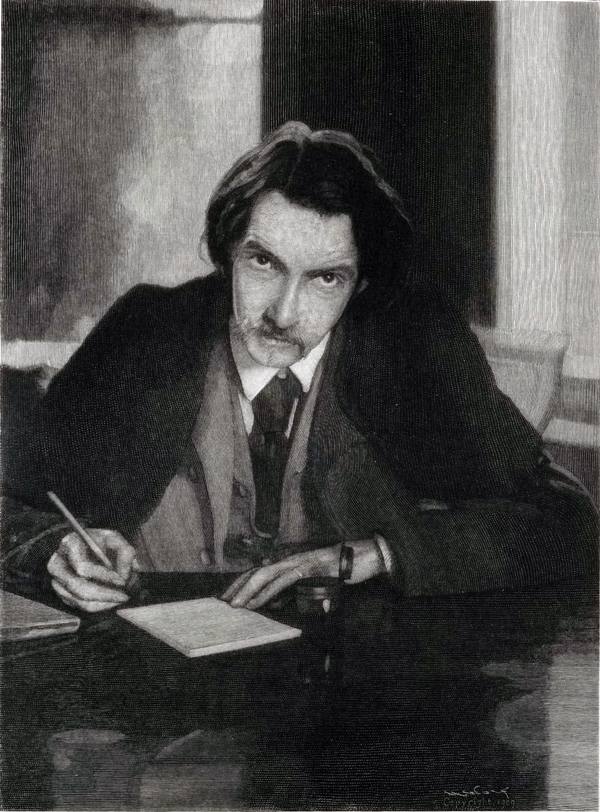 Robert Louis Stevenson writng at his desk.